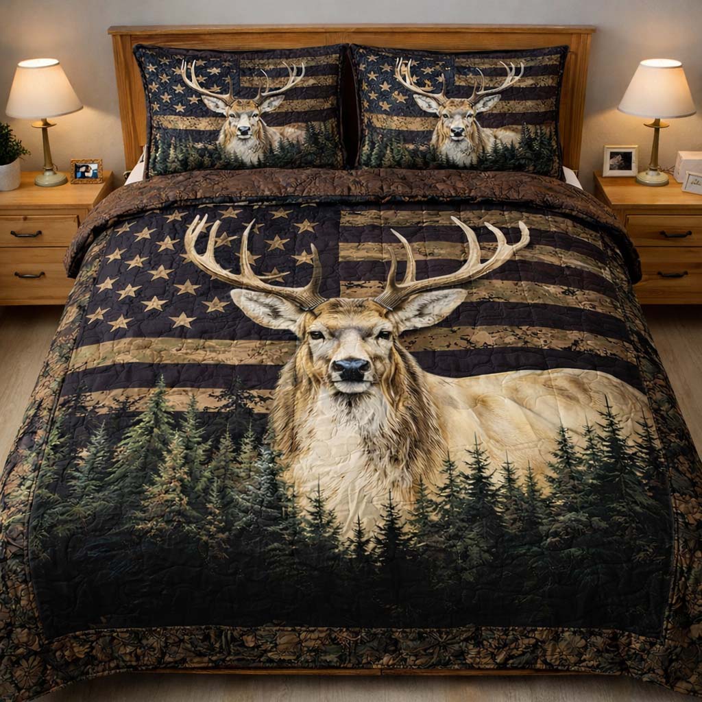 Deer And Forest USA Flag Quilted Bedding Set Hunting Lover Quilt Set Gift For Grandpa - Tradiviet
