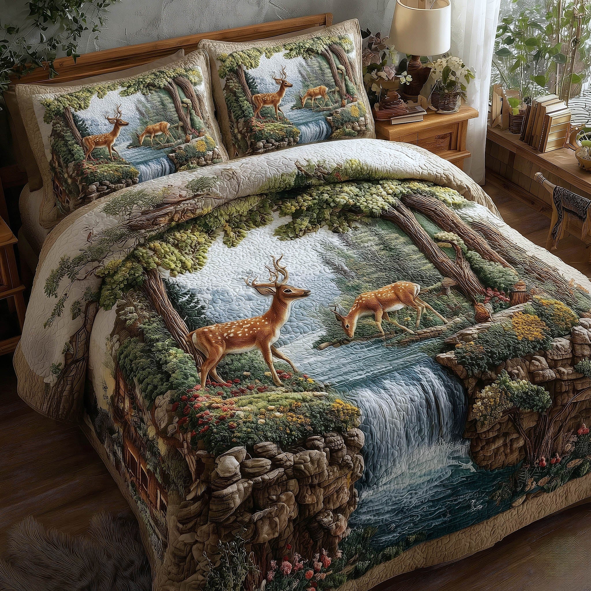 Deer Couple Quilted Bedding Set Holiday Decorations Great Gifts For Deer Hunters - Tradiviet