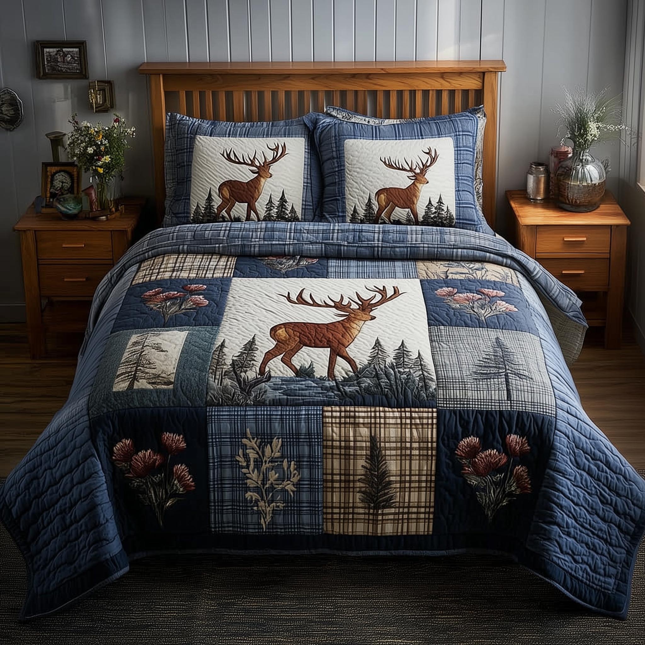 Deer Quilted Bedding Set Mens Bedroom Decor Fleece Blanket With Deer - Tradiviet