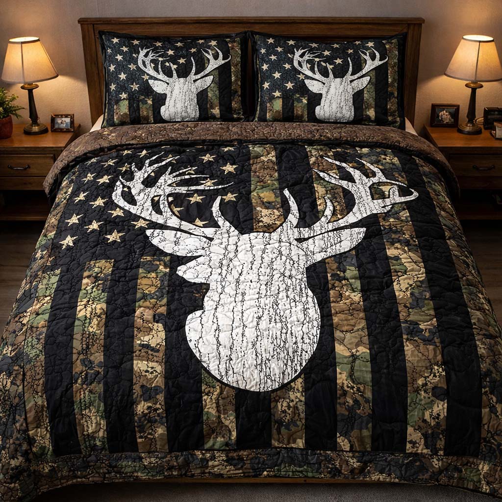 Deer Stars USA Flag Quilted Bedding Set Hunting Theme Bedding Birthday Gift For Her - Tradiviet