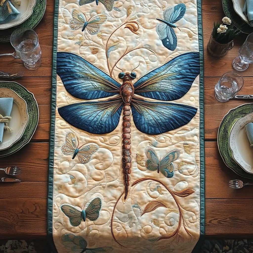 Delicate Dragonfly Flight Quilted Table Runner Autumn Table Runner Mother's Day Gift Ideas For Wife