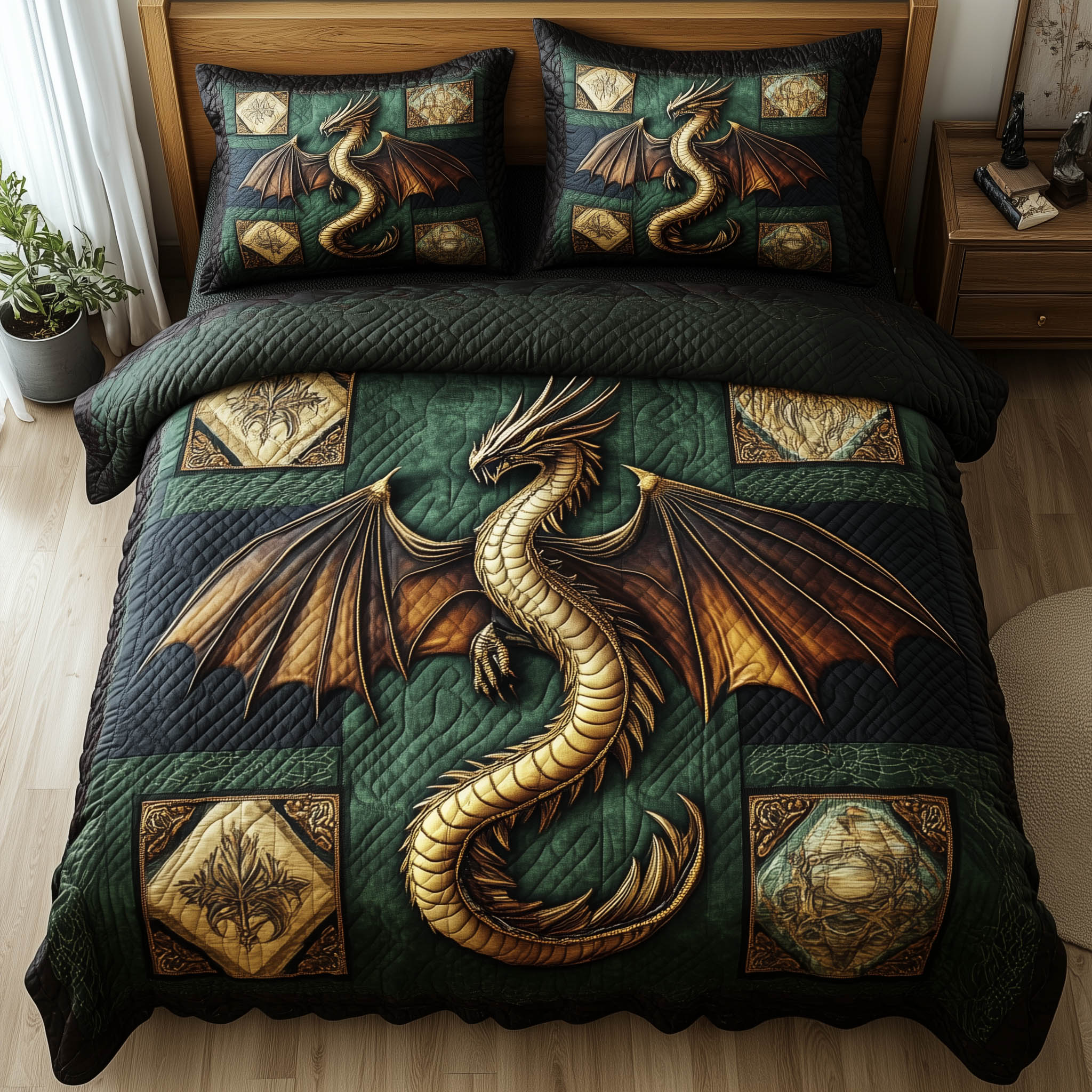 Dragon Quilted Bedding Set Mens Bedroom Decor Dragon Themed Gifts - Tradiviet