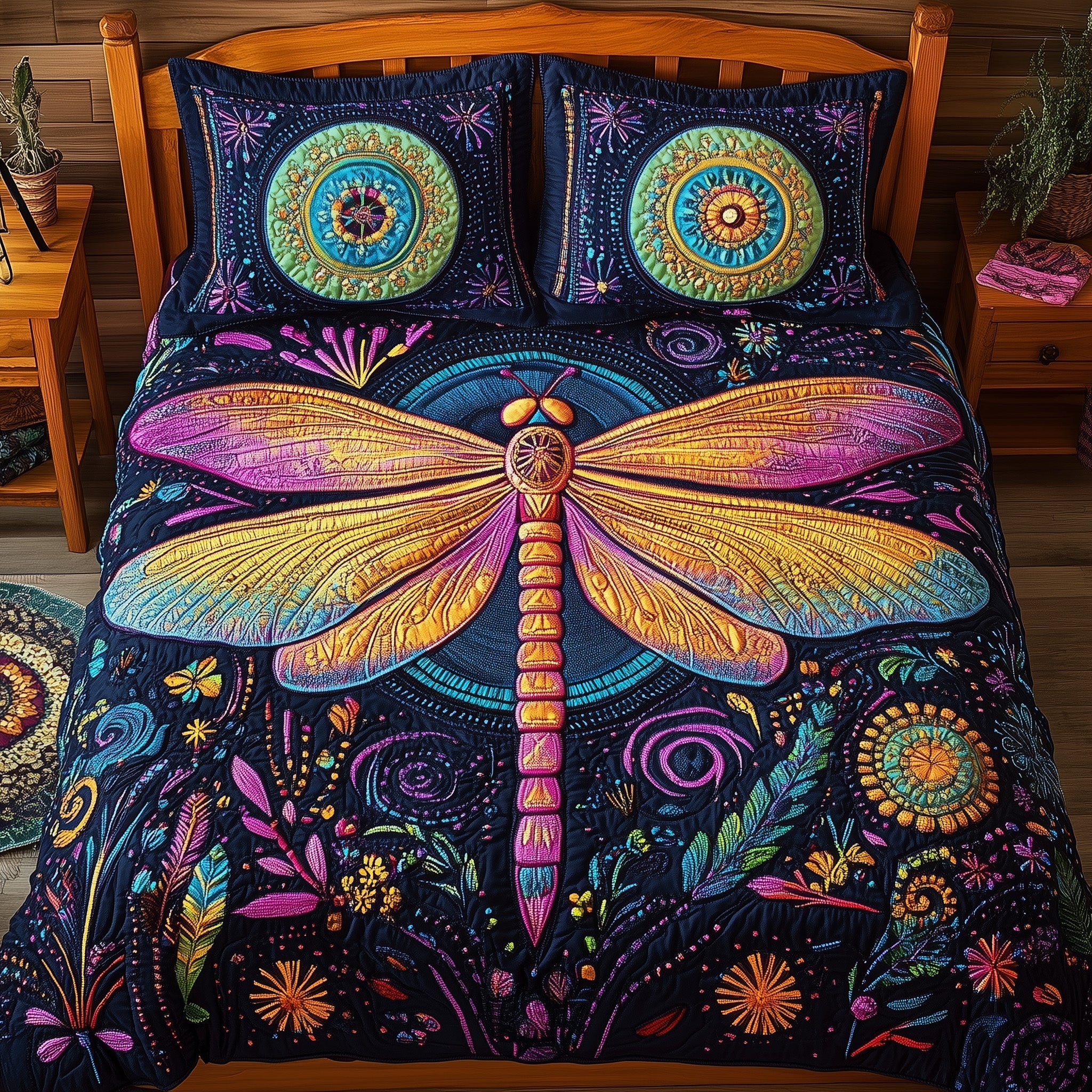 Dragonfly Quilted Bedding Set Autumn Inspired Bedroom Dragon Gifts For Men - Tradiviet