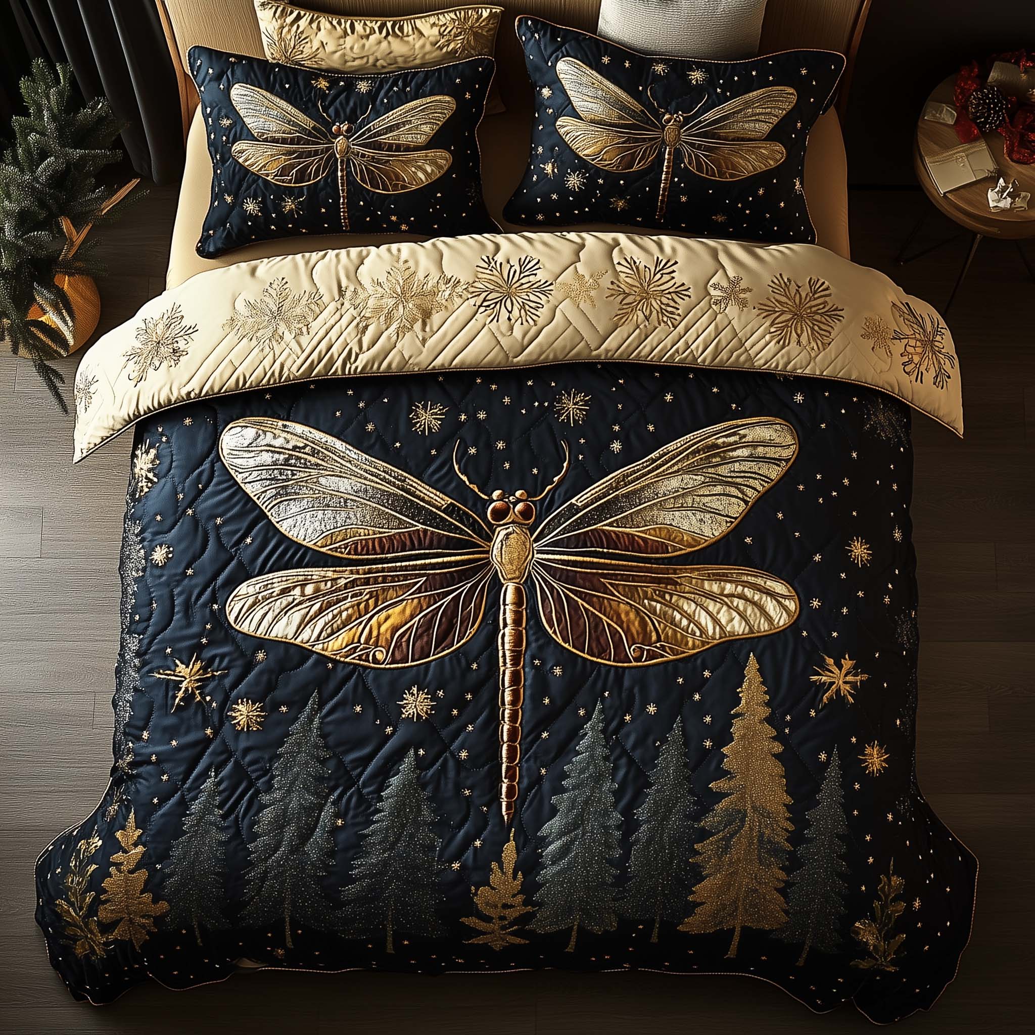Dragonfly Quilted Bedding Set Holiday Bedroom Decor Dragon Related Gifts - Tradiviet