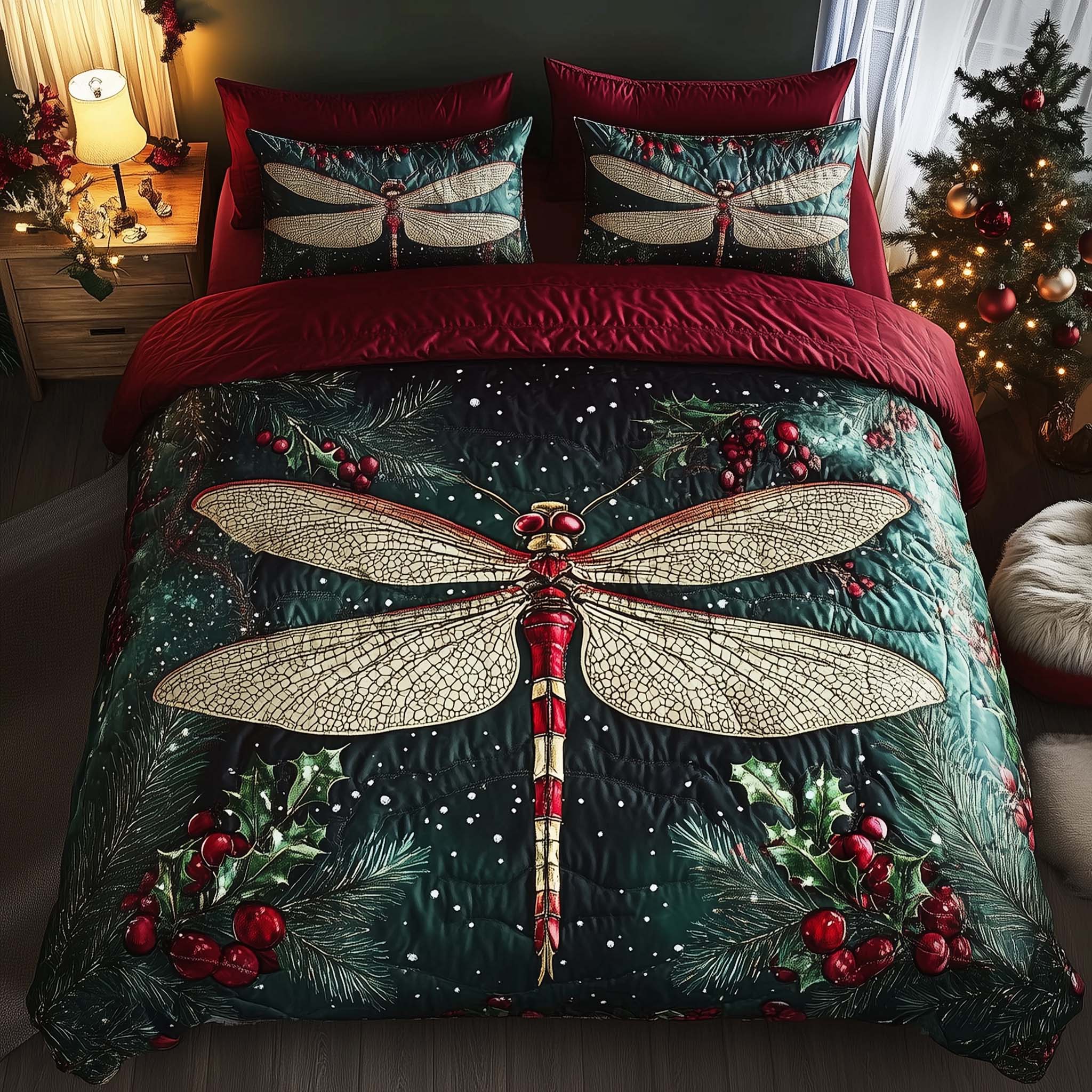 Dragonfly Quilted Bedding Set Holiday Bedroom Decor Dragon Themed Gifts For Adults - Tradiviet