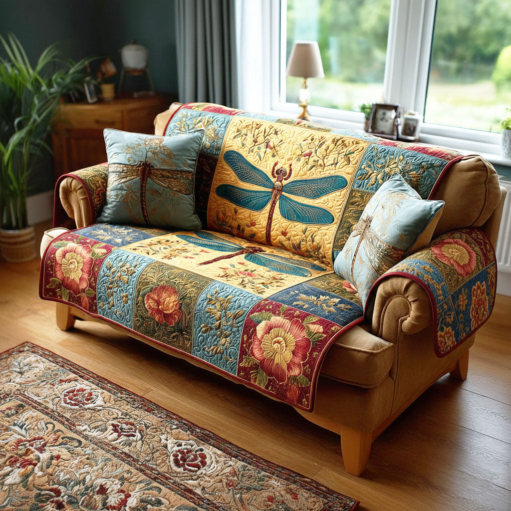 Dragonfly Whisper Quilted Sofa Cover Nature Floral Living Room Decor