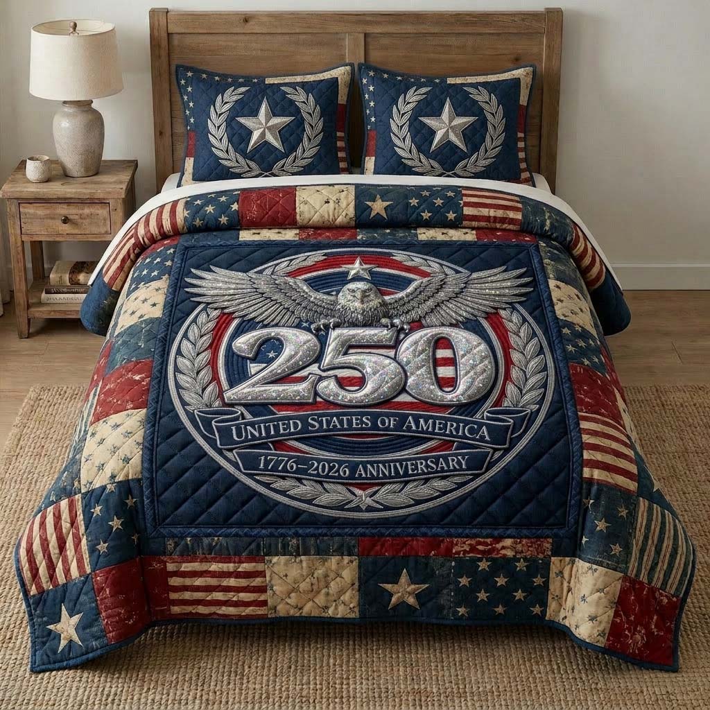 Eagle 250th Anniversary US Flag Quilted Bedding Set US Birthday Bedding Gift For Him - Tradiviet