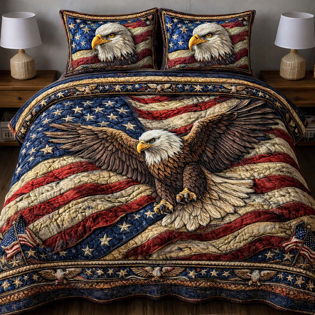 Eagle America 250 Flag Quilted Bedding Set America Patriotic Bedding Mothers Day Gift - Tradiviet