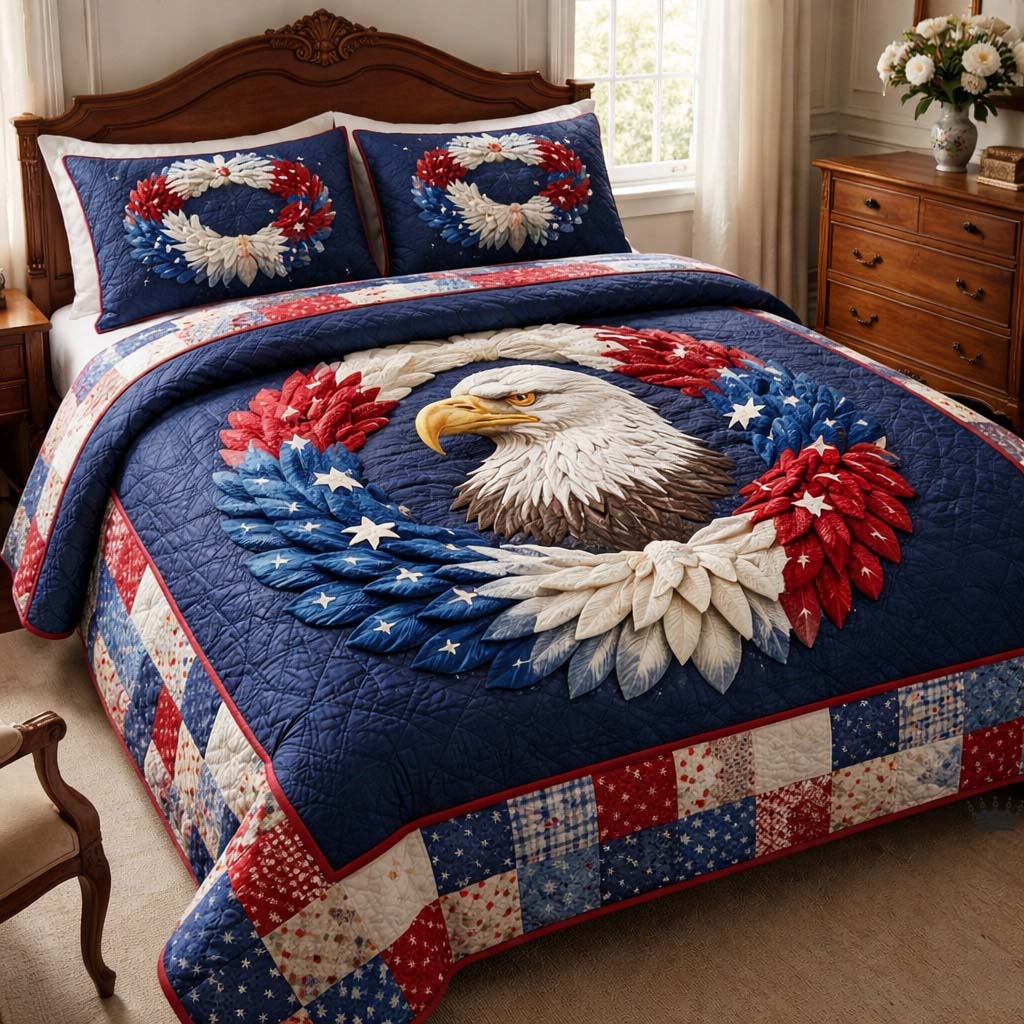Eagle America 250 Flag Quilted Bedding Set Patriotic 1776 Patchwork Bedding Gift For Students - Tradiviet