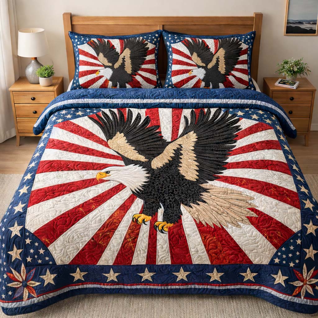 Eagle American Flag Quilted Bedding Set America Patriotic Bedding Gift For History Buffs - Tradiviet