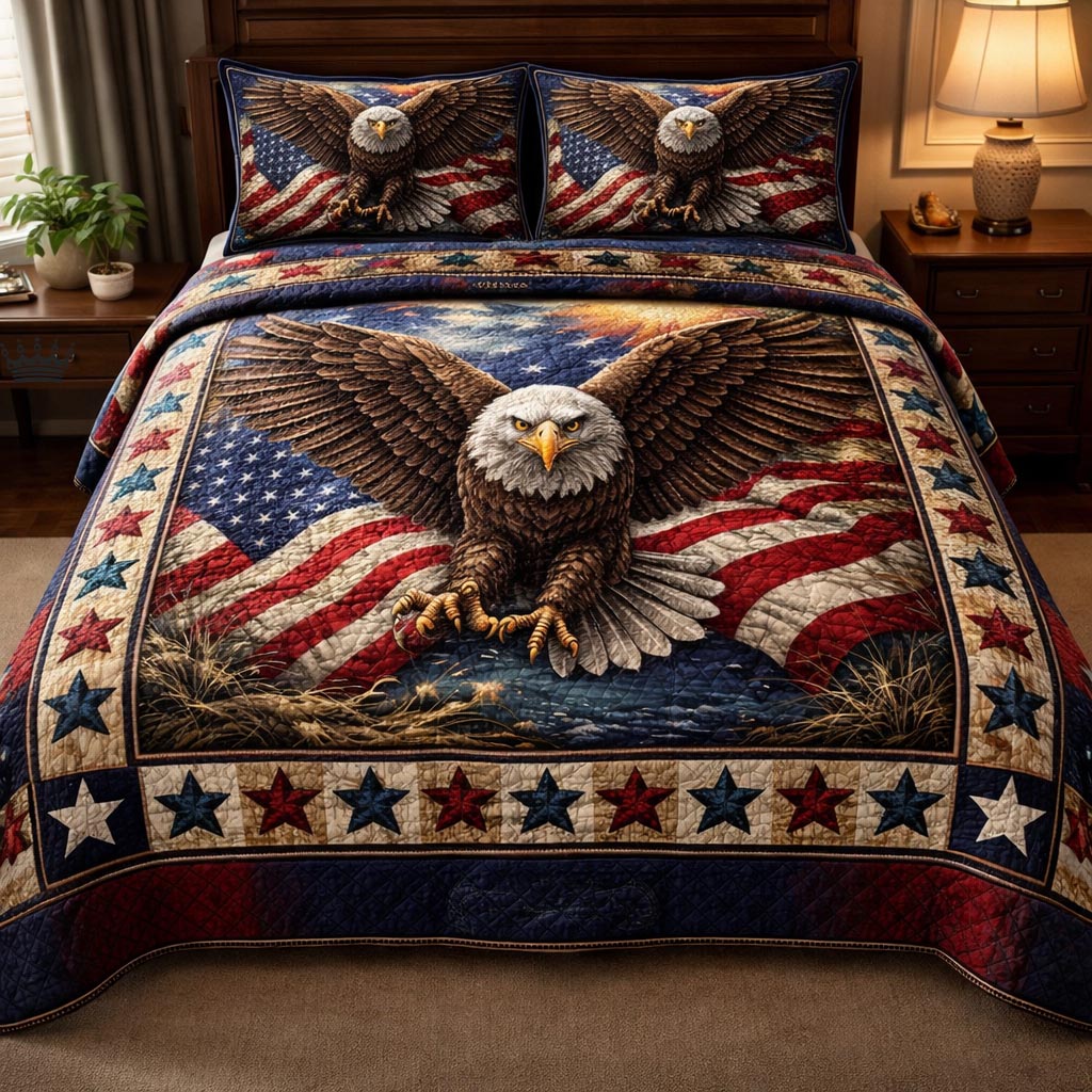 Eagle American Flag Quilted Bedding Set Proud American 250 Queen Bedding Set Gift For Parents - Tradiviet