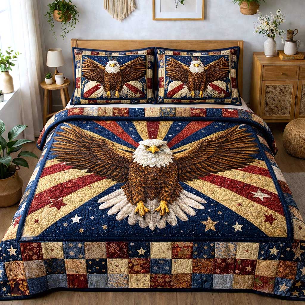 Eagle American Flag Quilted Bedding Set Retro Patriotic Quilt Cover Set Gift For Grandpa - Tradiviet