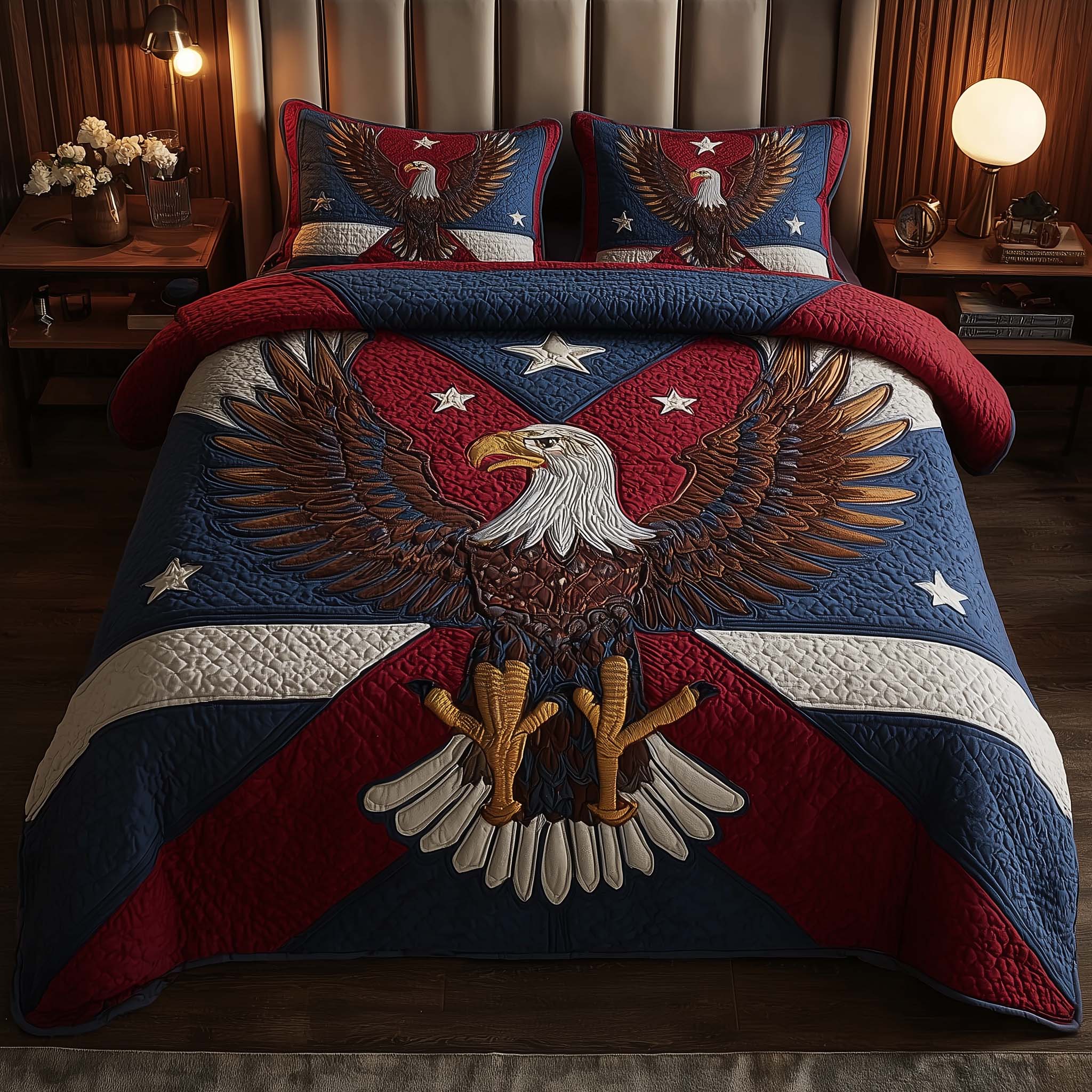 Eagle American Flag Quilted Bedding Set Retro Patriotic Quilt Set Gift For Dear Sister - Tradiviet
