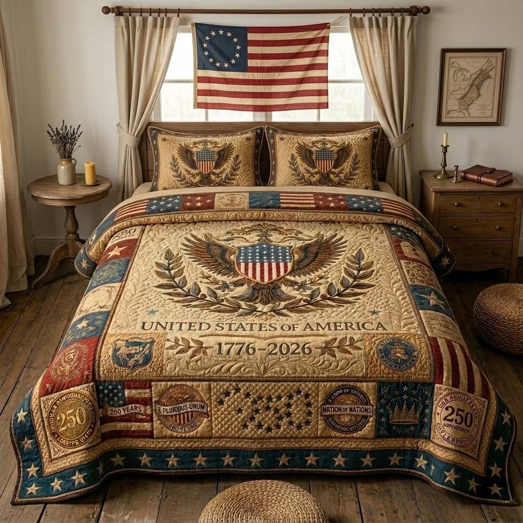 Eagle American Flag Quilted Bedding Set USA 250th Anniversary  Quilt Set Gift For Loving Grandma - Tradiviet