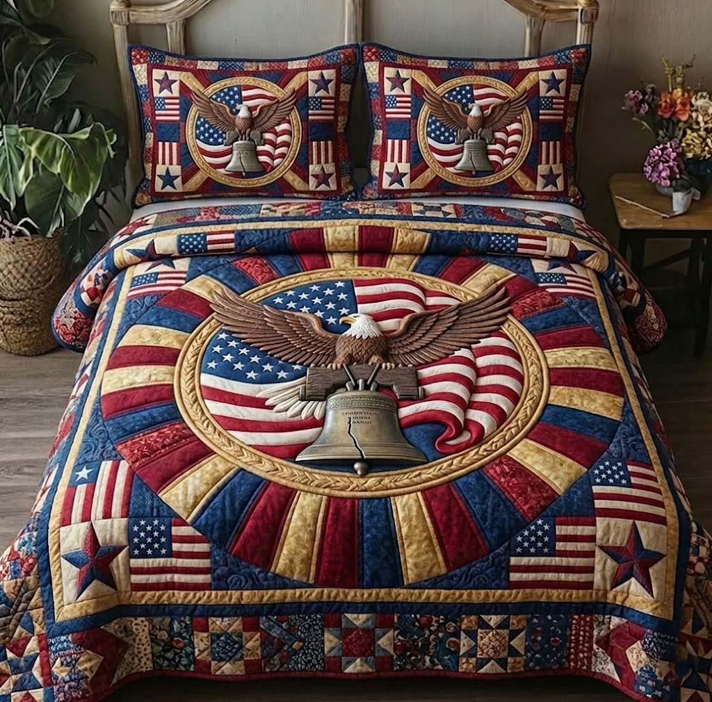 Eagle Bell Stars USA Flag Quilted Bedding Set USA 250th Anniversary Bedding Set Gift For Coworkers - Tradiviet
