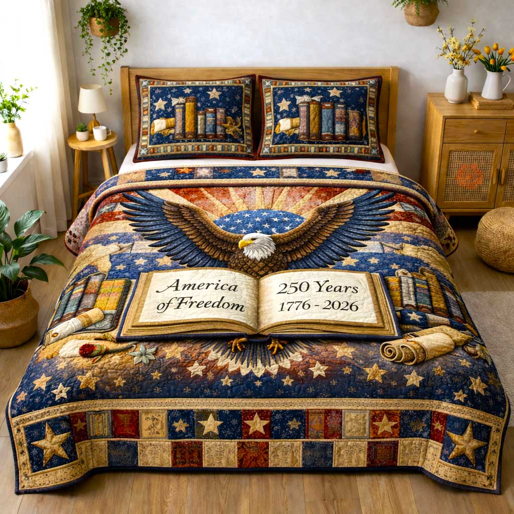 Eagle Book Flowers US Flag Quilted Bedding Set 1776-2026 Patriotic Quilt Set Gift For Teacher - Tradiviet