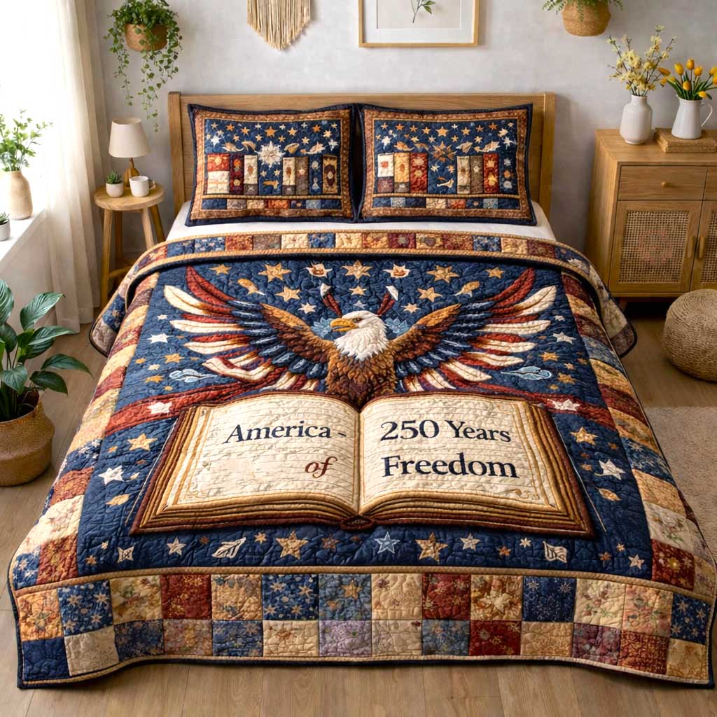 Eagle Book US Flag Quilted Bedding Set 250 Years Of America Bedding Gift For Best Friend - Tradiviet