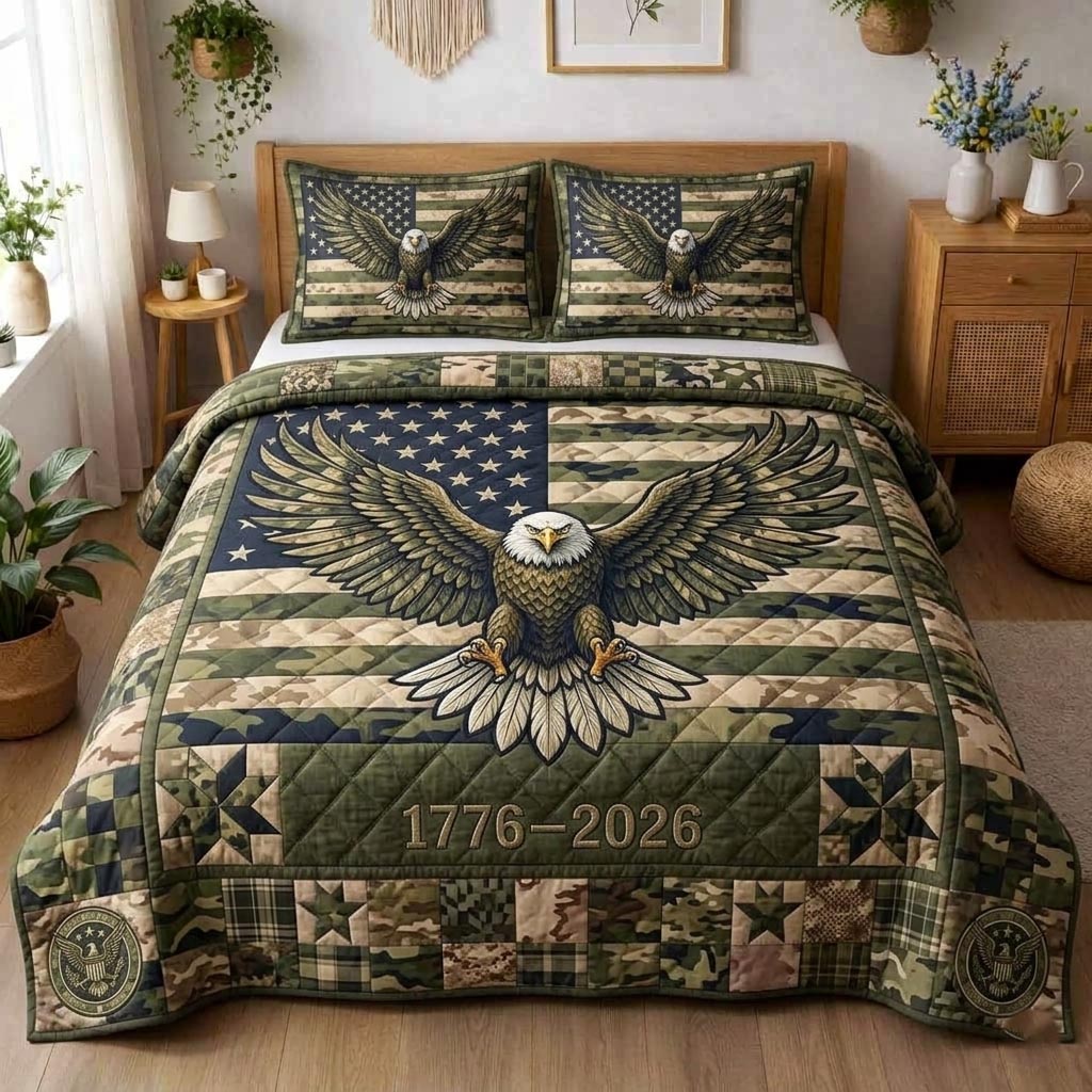Eagle Camouflage USA Flag Quilted Bedding Set 1776-2026 Freedom Bedding Gift For Husband - Tradiviet
