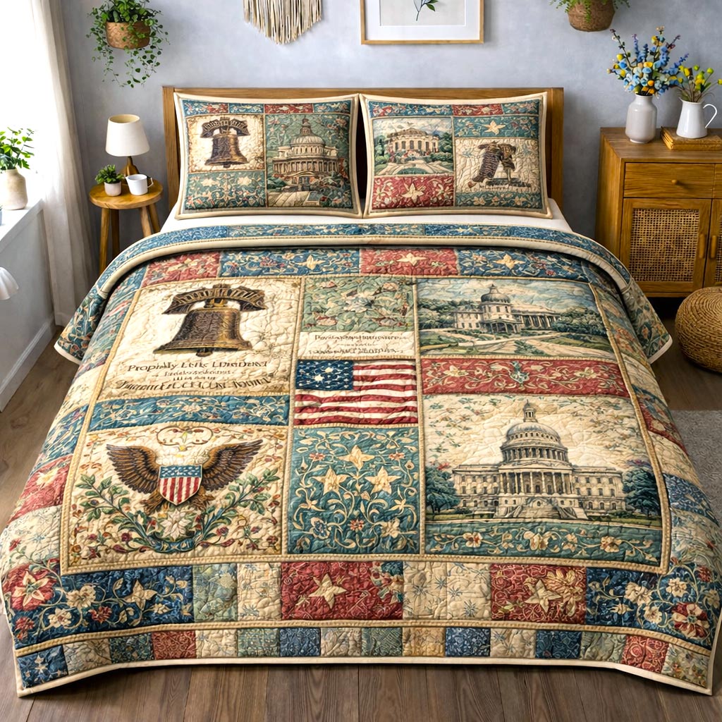 Eagle Capitol Bell American Flag Quilted Bedding Set Retro Patriotic Patchwork Bedding Gift For Him - Tradiviet