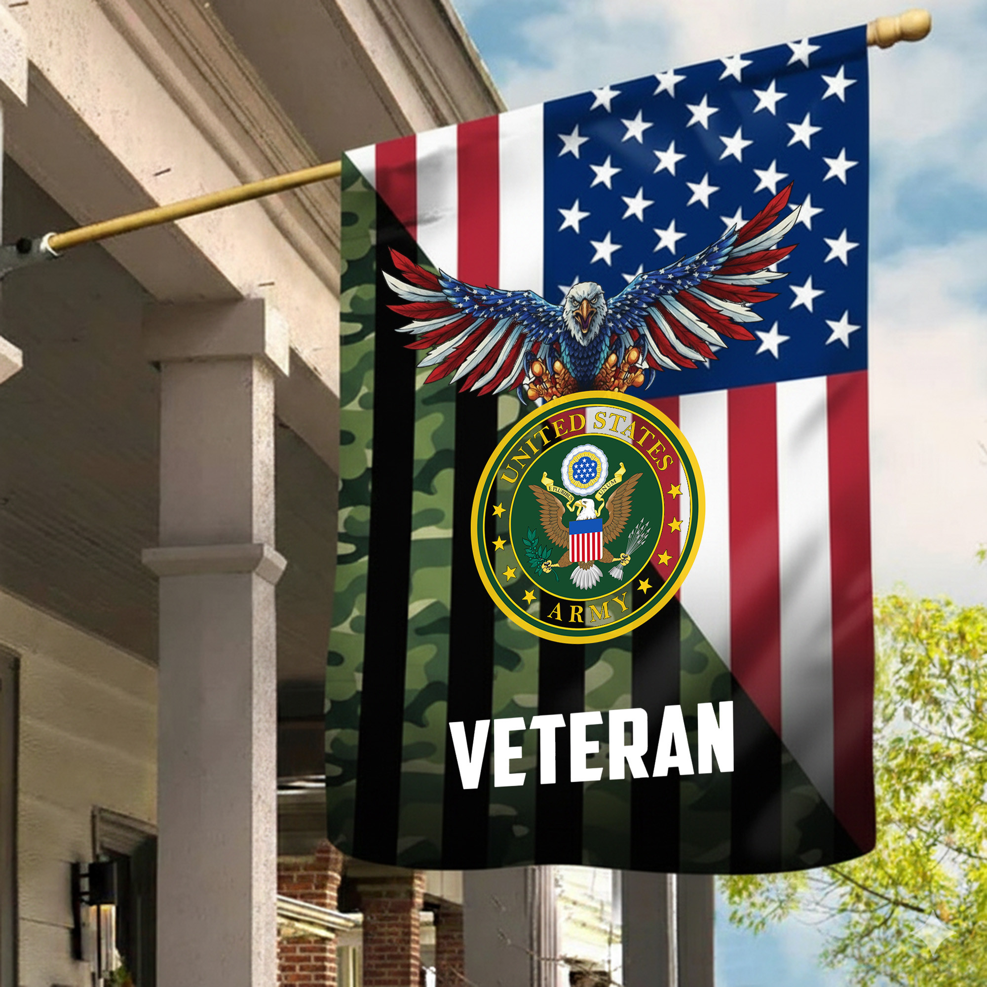 Eagle US Veteran Camo And American Flag Proud Veterans Patriotic Flag Indoor Outdoor - Tradiviet