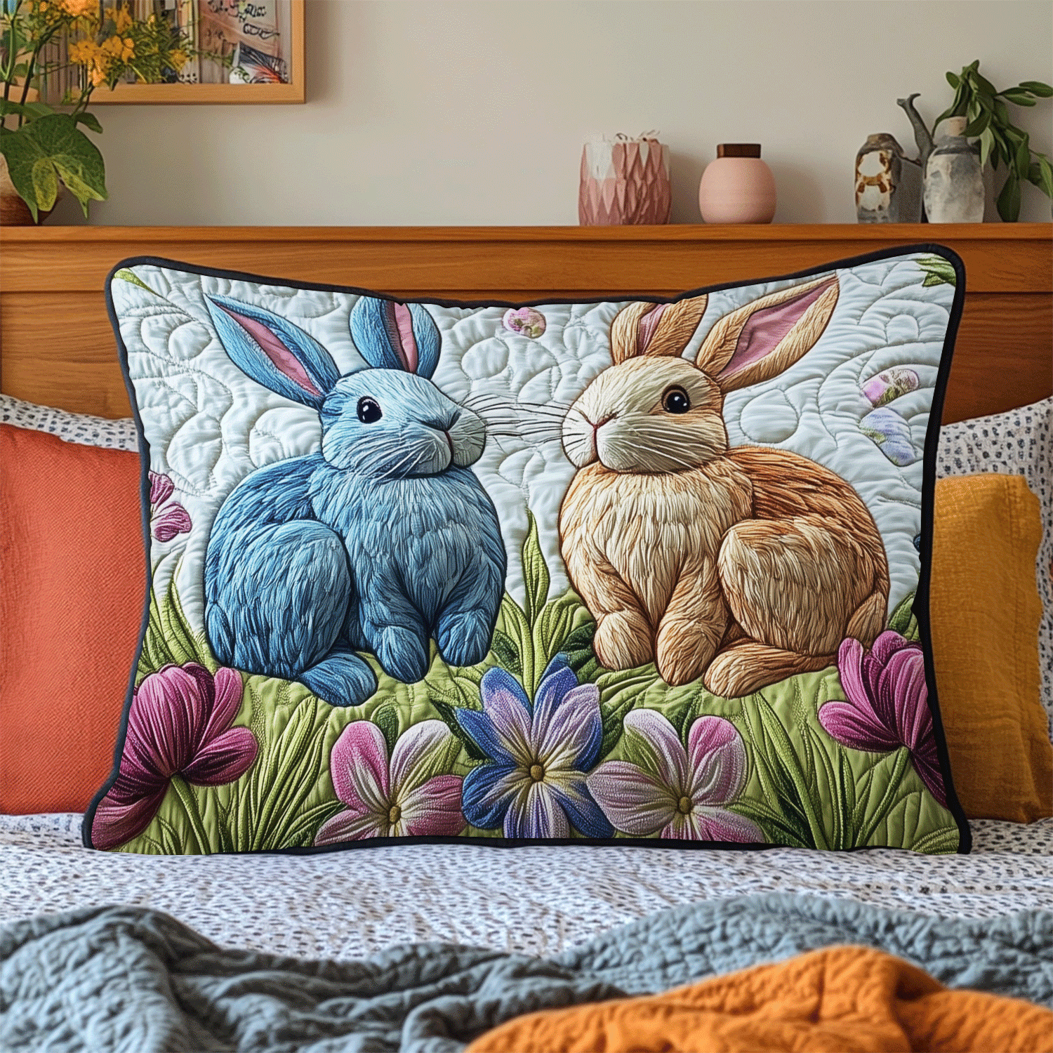 Easter Bunnies Quilted Bedding Pillow Case Sweet Bunny Easter Room Decor Gift For Loved Ones - Tradiviet