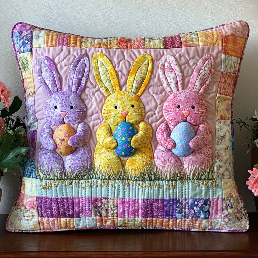 Easter Bunny Journey Quilted Pillow Case Colorful Easter Bunny Home Decor New Home Gift - Tradiviet