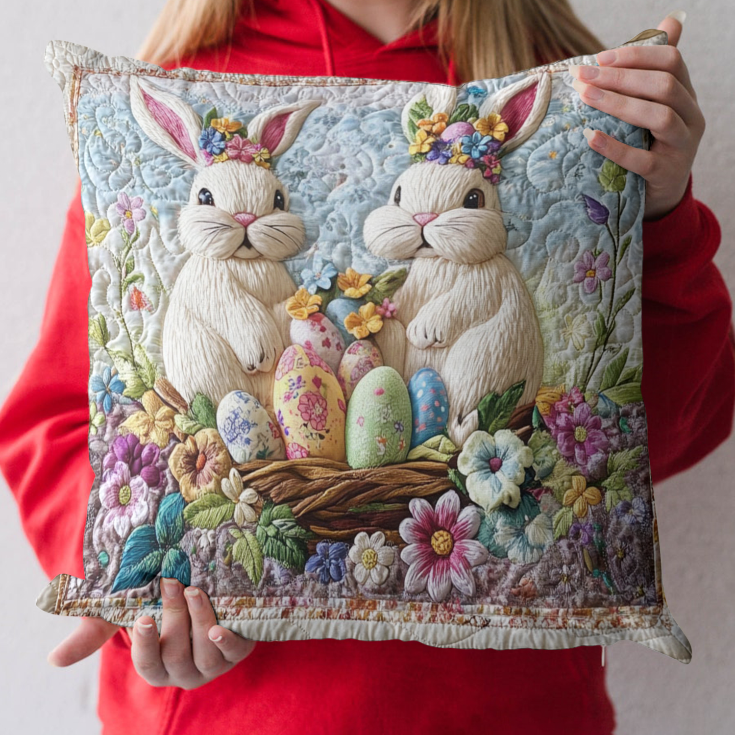 Easter Bunny Pair Quilted Pillow Case Spring Festival Easter Home Decor Home Comfort Gift Idea - Tradiviet