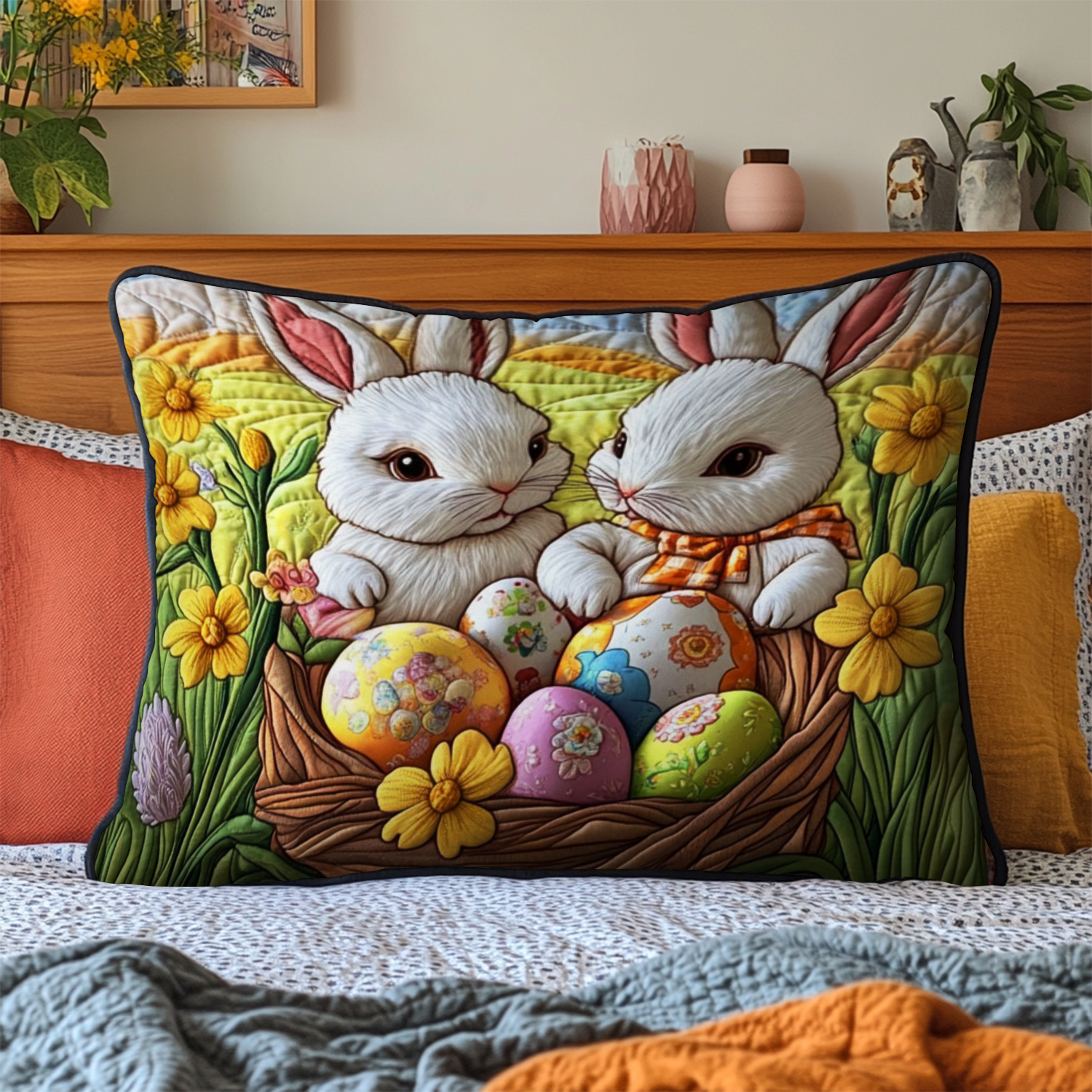 Easter Bunny Quilted Bedding Pillow Case Spring Festival Easter Home Decor Cozy Gift For Him - Tradiviet