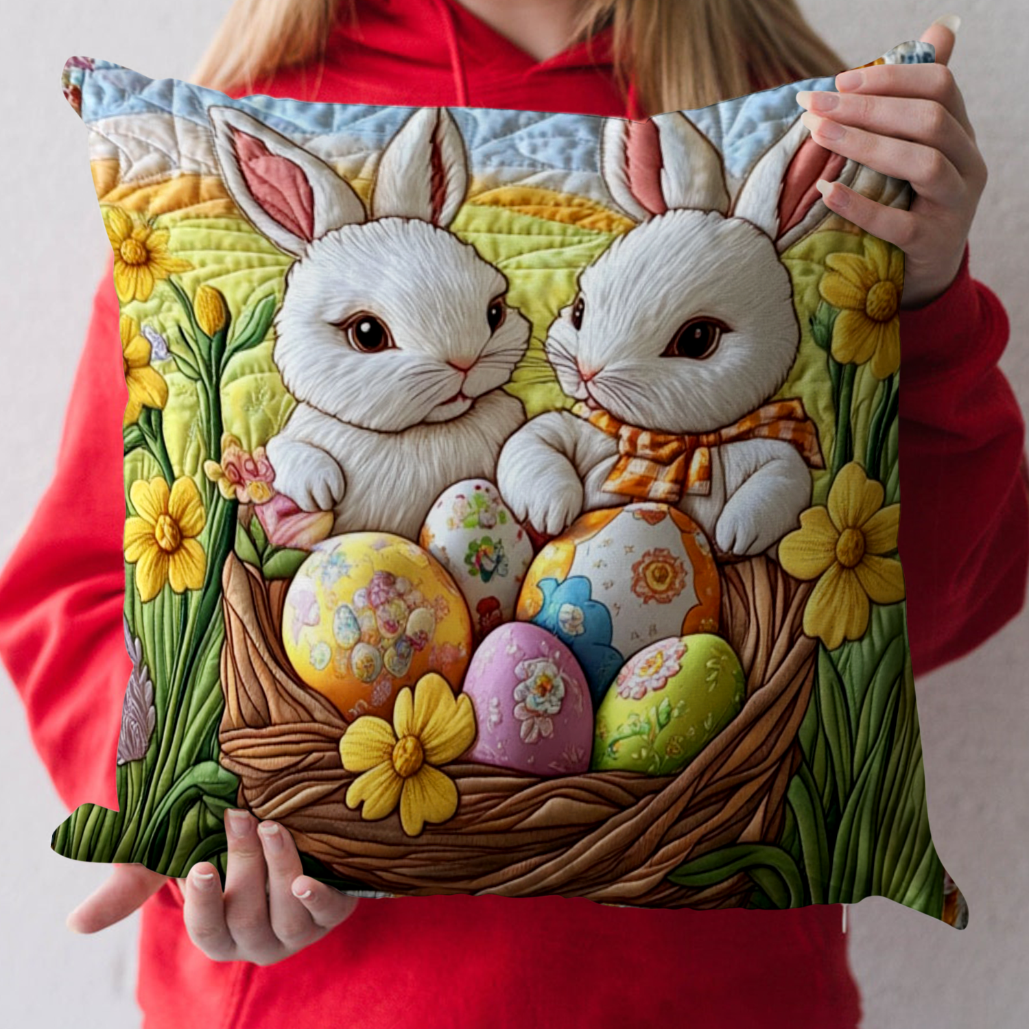 Easter Bunny Quilted Pillow Case Sweet Bunny Easter Room Decor Cozy Gift For Her - Tradiviet