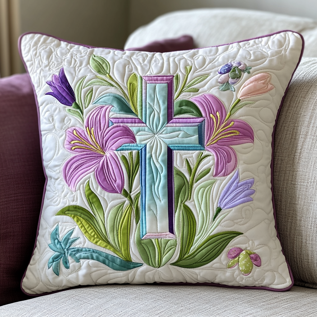 Easter Lily Cross Quilted Pillow Case Easter Faith Cross Home Decor Best Gift For Him - Tradiviet