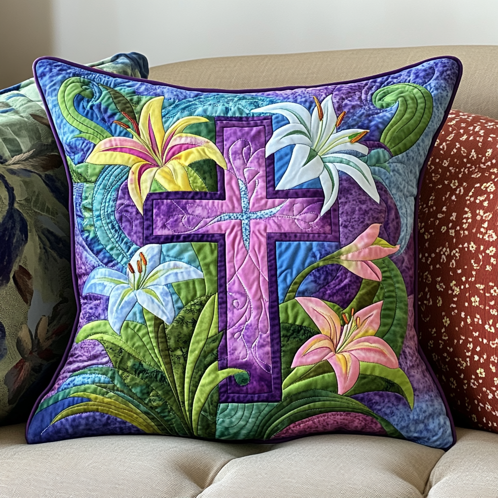 Easter Lily Cross Quilted Pillow Case Easter Faith Cross Home Decor Unique Gift For Husband - Tradiviet