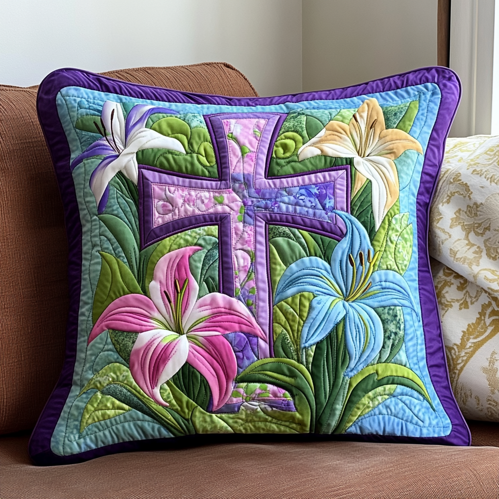 Easter Lily Cross Quilted Pillow Case Easter Resurrection Cross Room Decor Best Gift For Dad - Tradiviet