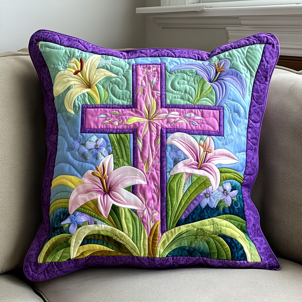 Easter Lily Cross Quilted Pillow Case Easter Resurrection Cross Room Decor Unique Gift For Him - Tradiviet