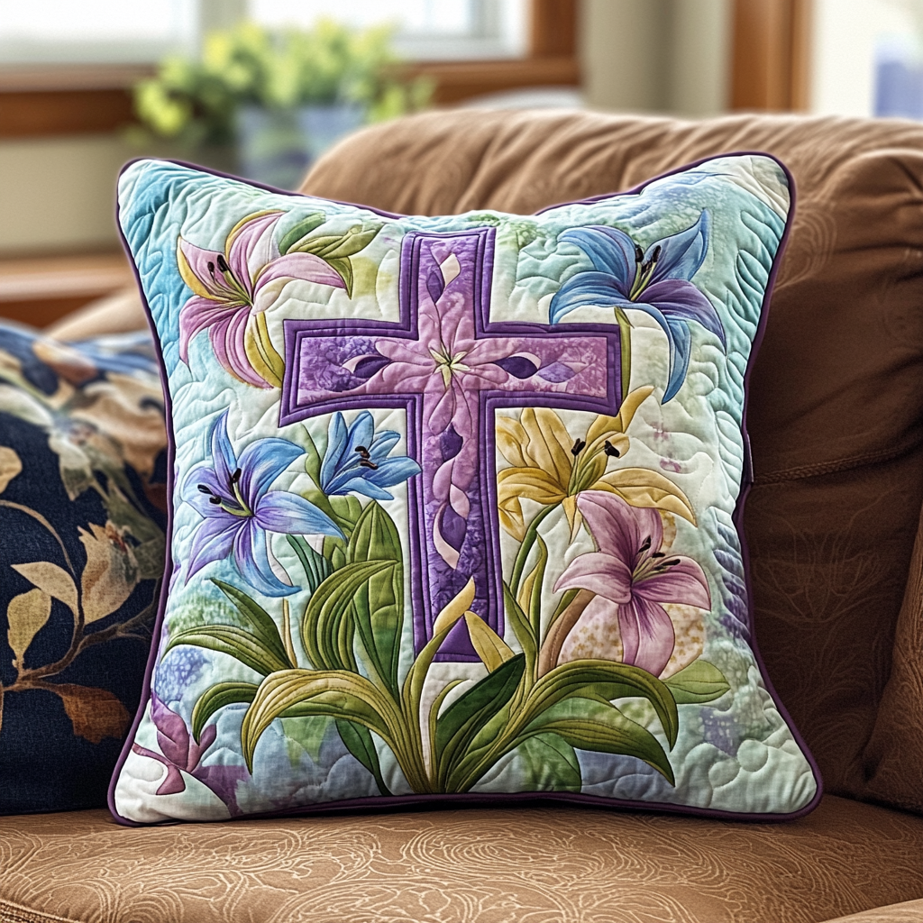 Easter Lily Cross Quilted Pillow Case Floral Easter Cross Christian Decor Best Gift For Her - Tradiviet