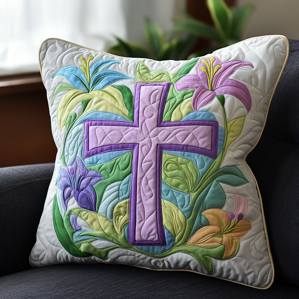 Easter Lily Cross Quilted Pillow Case Floral Easter Cross Christian Decor Gift For Friends - Tradiviet
