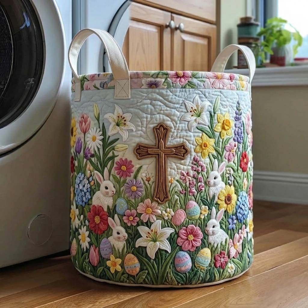 Easter Serenity Quilted Laundry Basket Aesthetic Storage Baskets Moms Day Gifts - Tradiviet