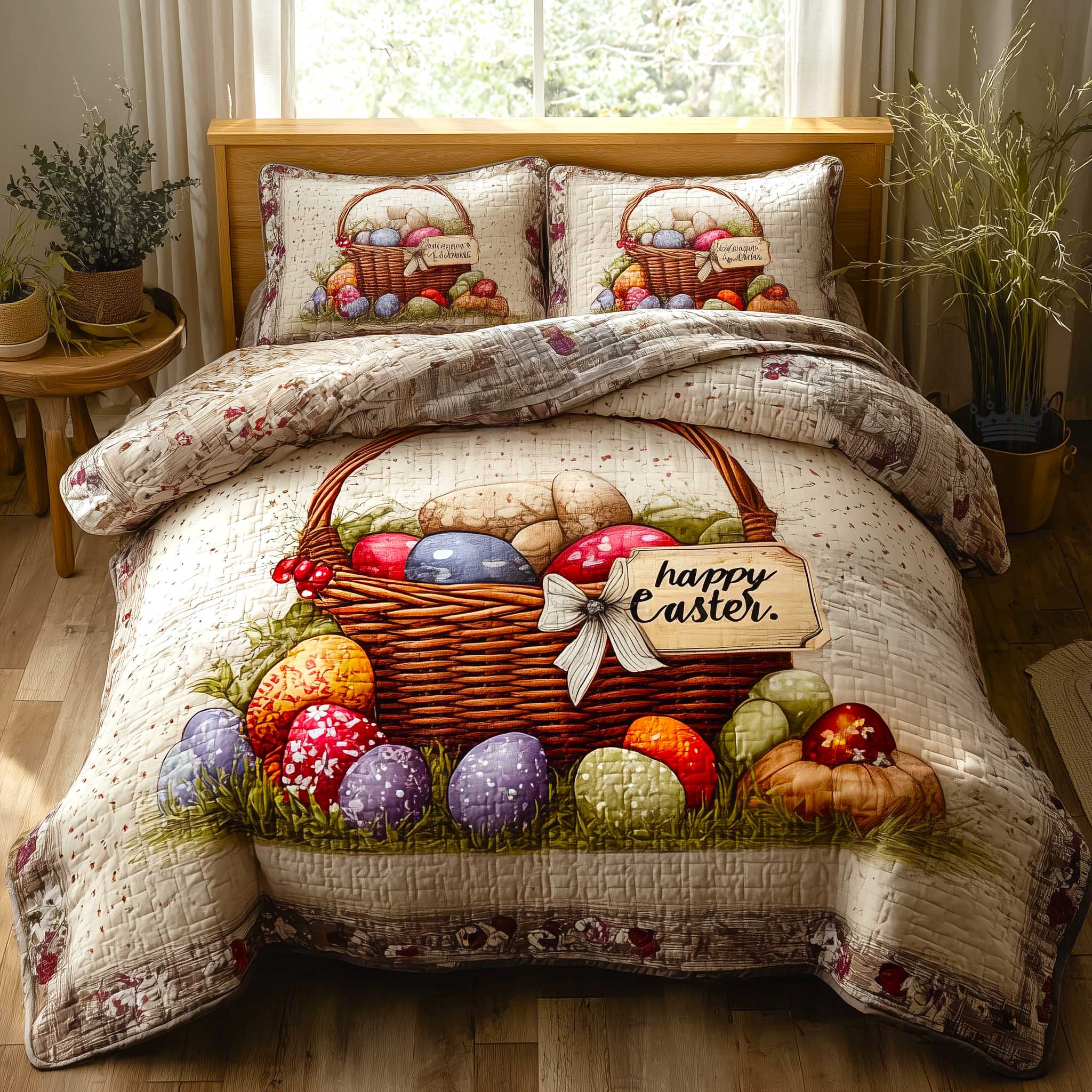 Egg Garden Quilted Bedding Set Holiday Bed Room Decor Egg Themed Gift For Birthday - Tradiviet