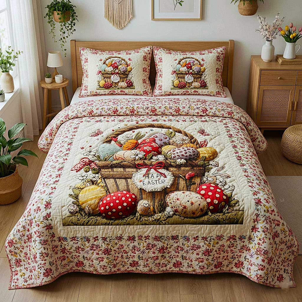 Egg Hunt Quilted Bedding Set Holiday House Decorations Egg Themed Gift For Him Her - Tradiviet
