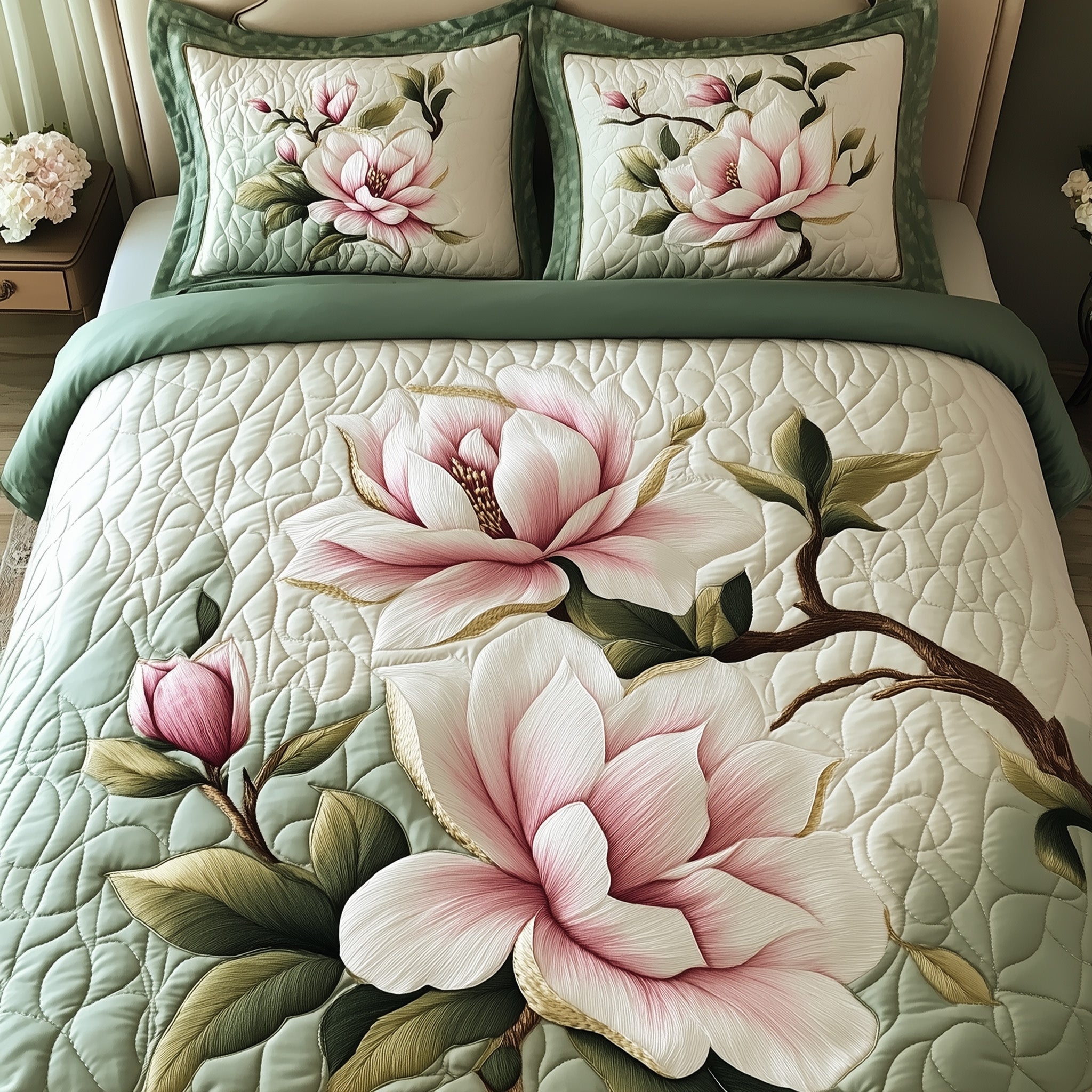 Elegant Blooming Magnolia Quilted Bedding Set Holiday Home Decor Best Father's Day Gifts - Tradiviet