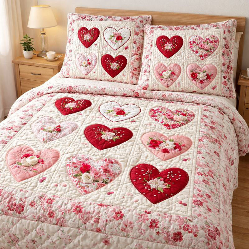Elegant Heart Quilted Bedding Set Holiday Home Deco Gift For Elegant Heart Lovers - Tradiviet