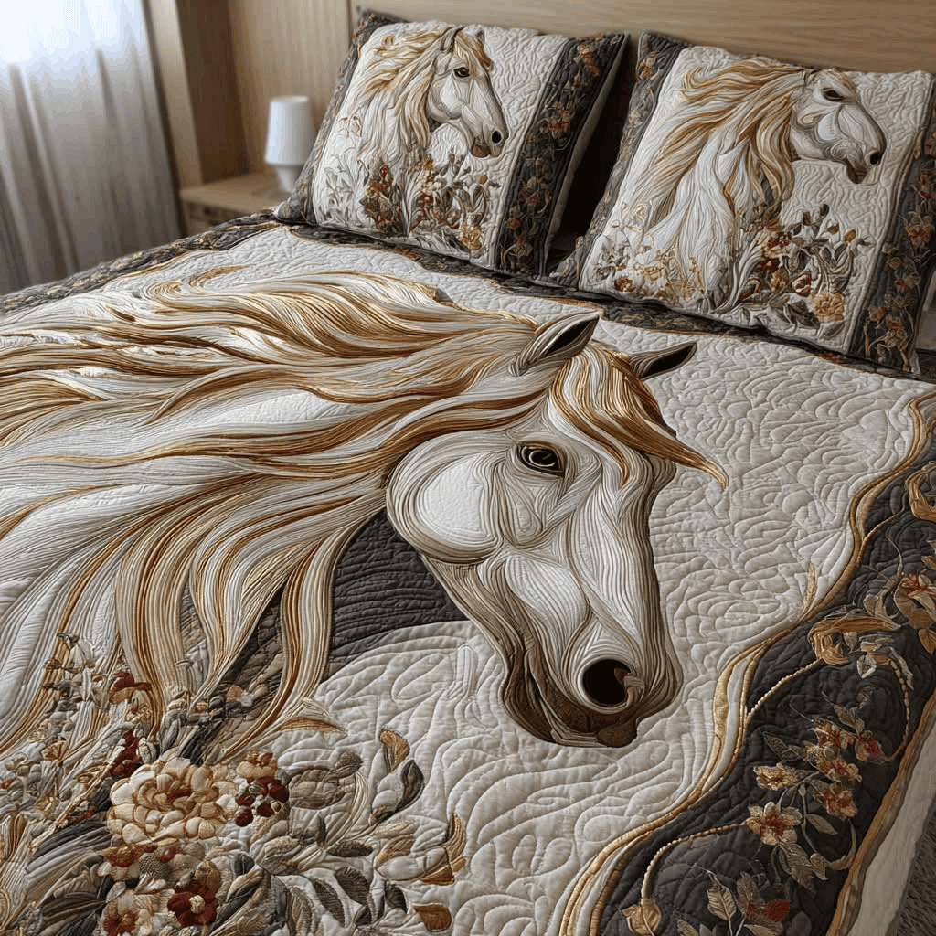 Elegant Horse Quilt Bedding Set White Duvet Covers Gift for Horses Lovers