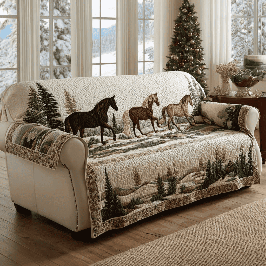 Elegant Horse Quilted Sofa Cover Rustic Couch Protector Decor for Horses Lovers