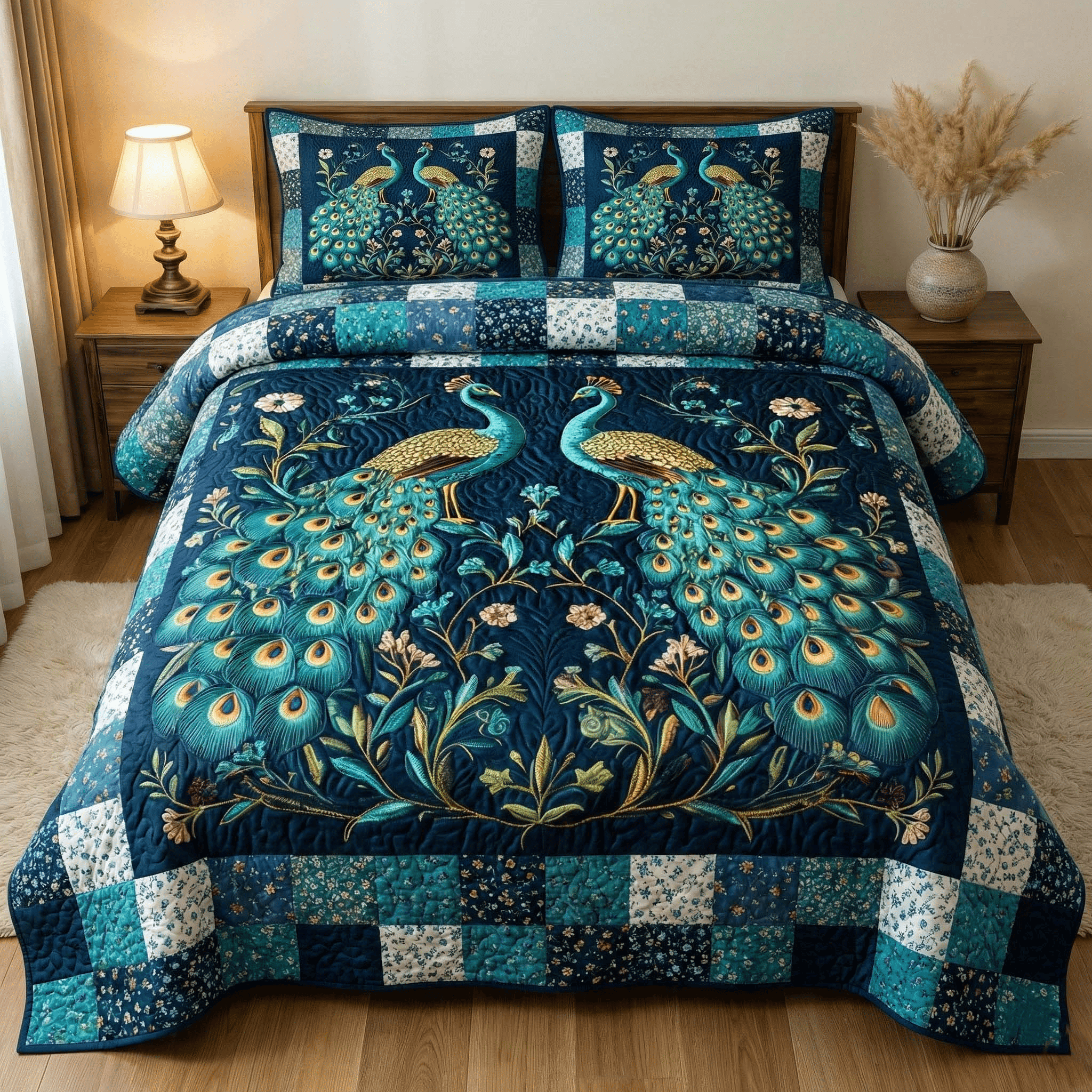Elegant Peacock Bedding Set Royal Blue Bedspread Home Decor