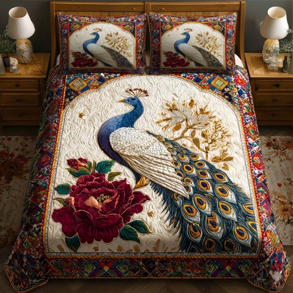 Elegant Peacock Quilted Bedding Set Autumn Inspired Bedroom Birthday Gift For Mom - Tradiviet