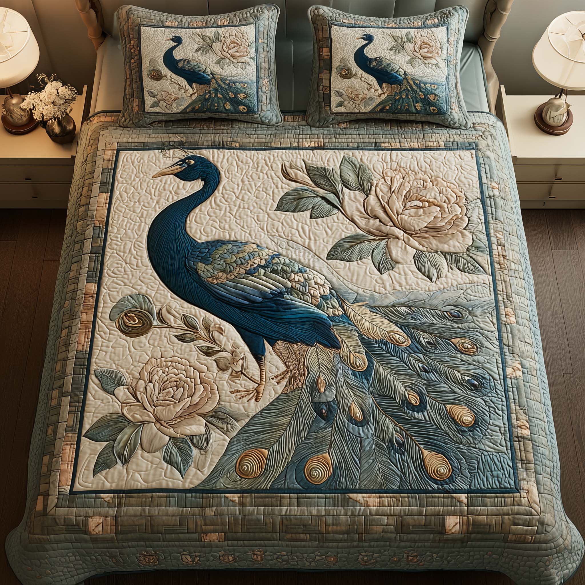 Elegant Peacock Quilted Bedding Set Bed Room Decoration Presents For Mom - Tradiviet