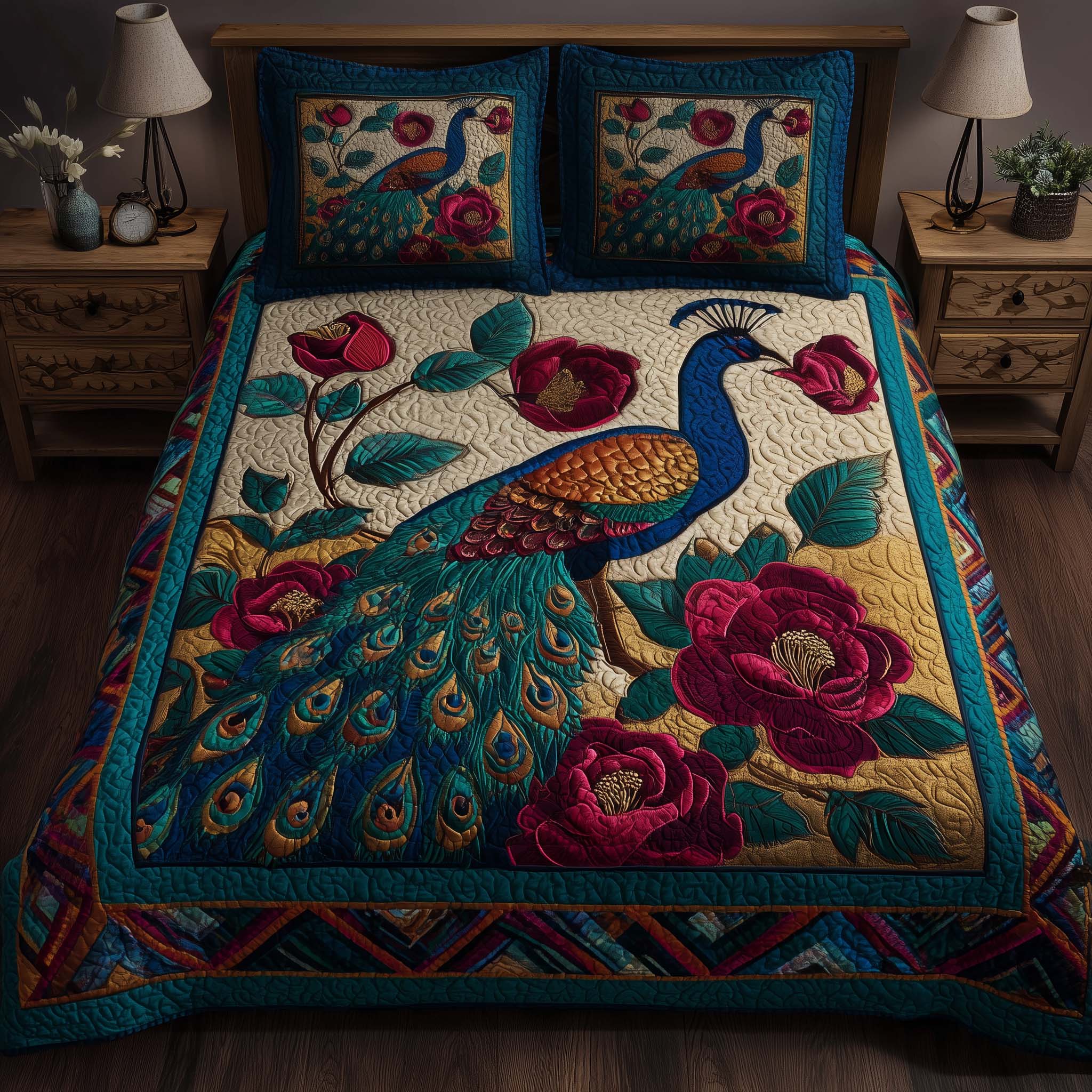 Elegant Peacock Quilted Bedding Set Holiday Bedroom Decor Birthday Gifts For Mom - Tradiviet