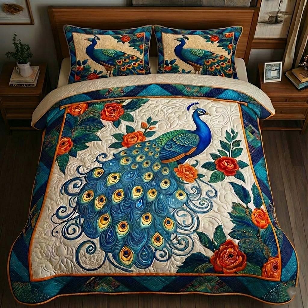 Elegant Peacock Quilted Bedding Set Mens Bedroom Decor Birthday Gift For Mom - Tradiviet