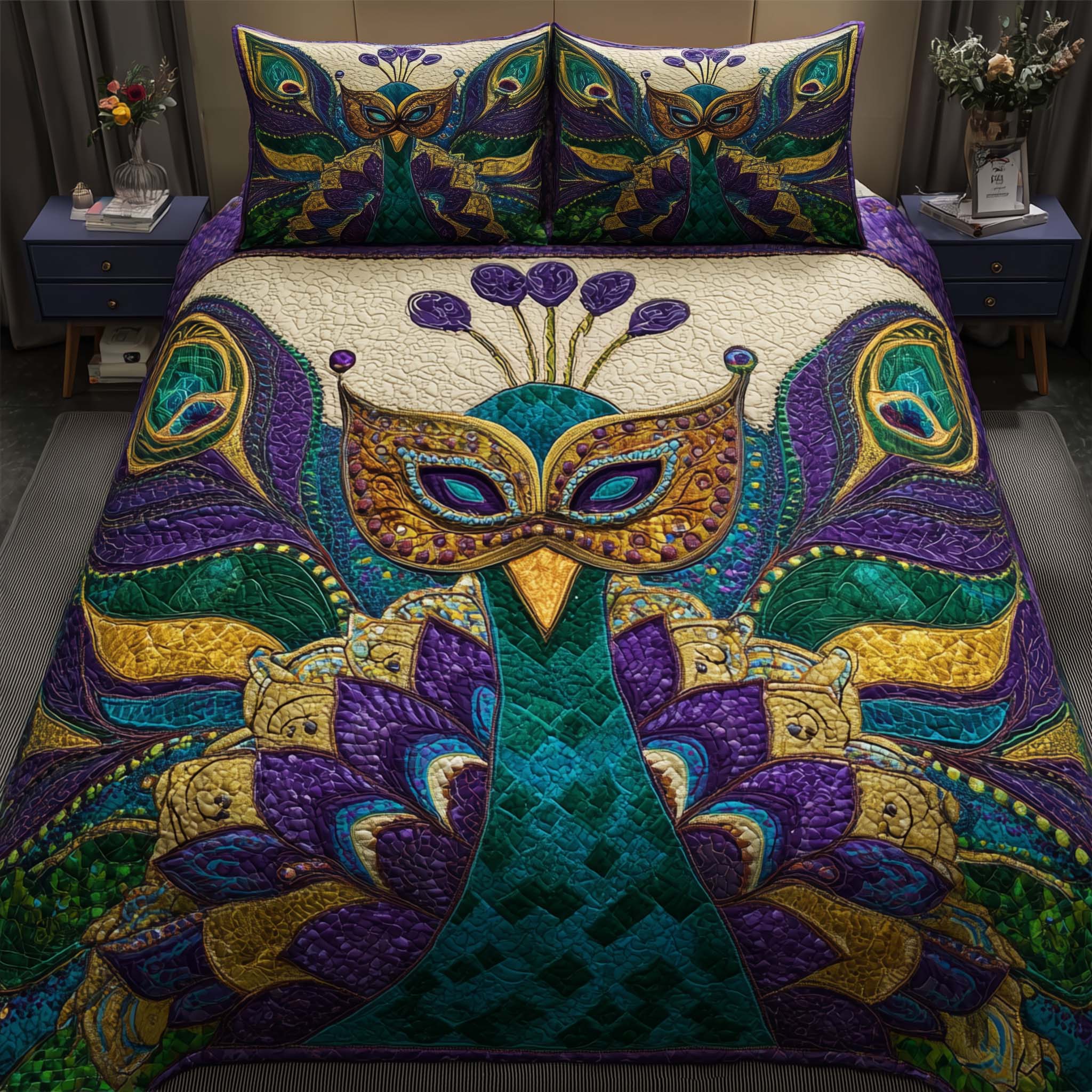 Elegant Peacock Quilted Bedding Set Mens Bedroom Decor Gifts For Your Mom - Tradiviet