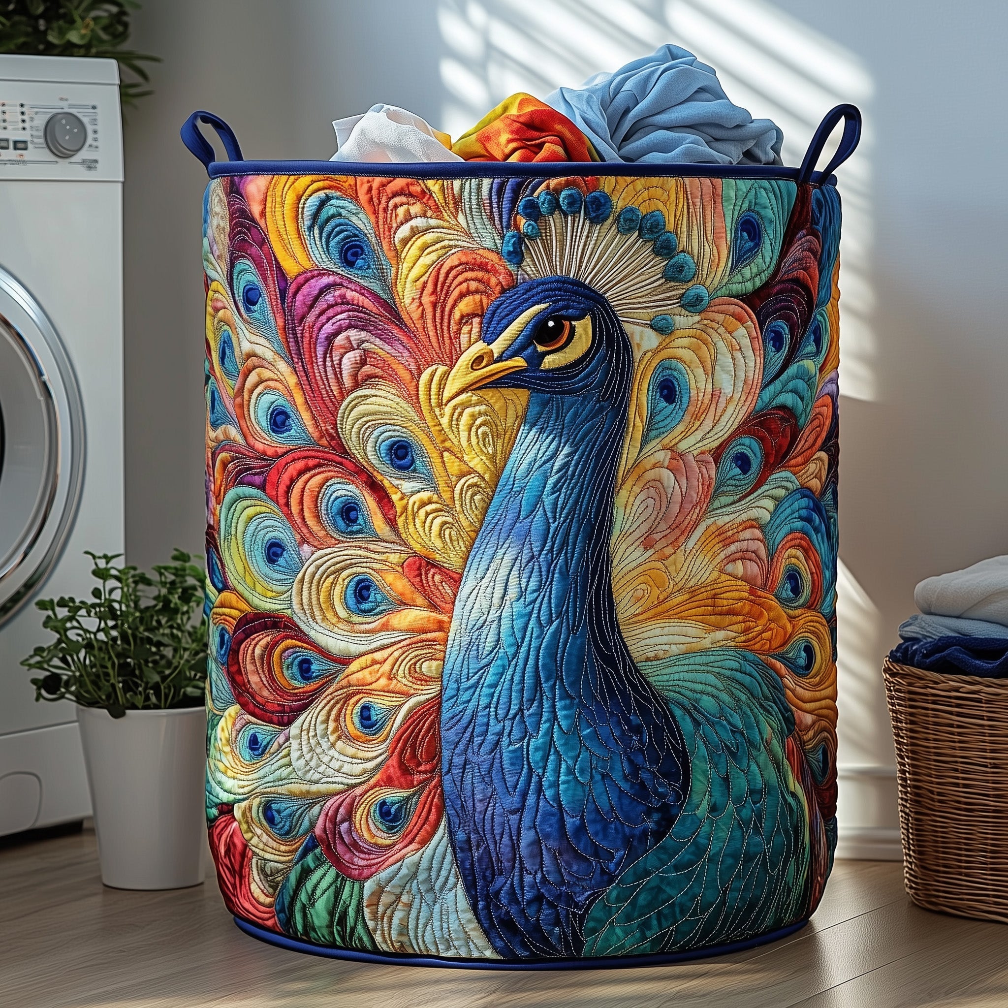 Elegant Peacock Quilted Laundry Basket Aesthetic Storage Baskets Best Father's Day Gifts - Tradiviet