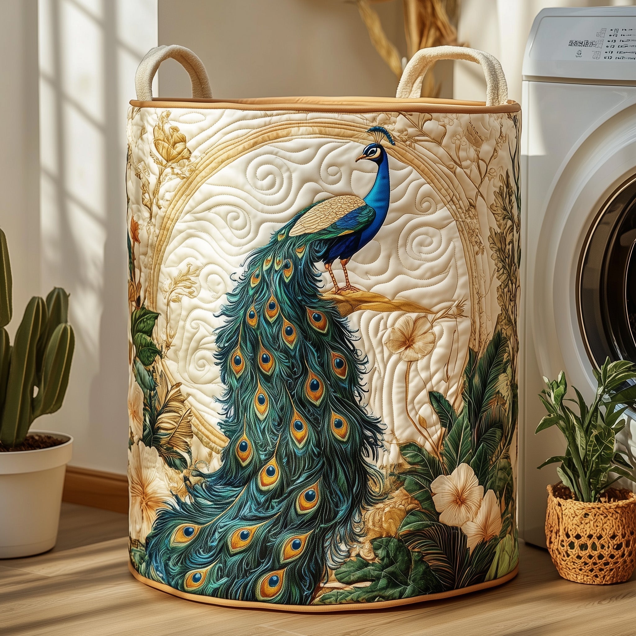 Elegant Peacock Quilted Laundry Basket Washroom Decor Basket Mothers Day Ideas - Tradiviet